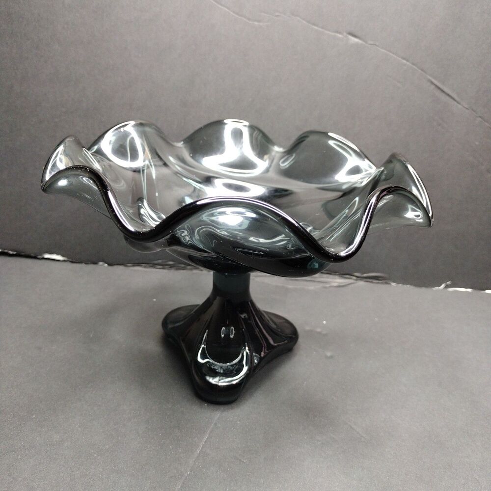 Vintage MCM Viking Epic 7 Petal Charcoal Glass Compote 3 Pedestal Bowl